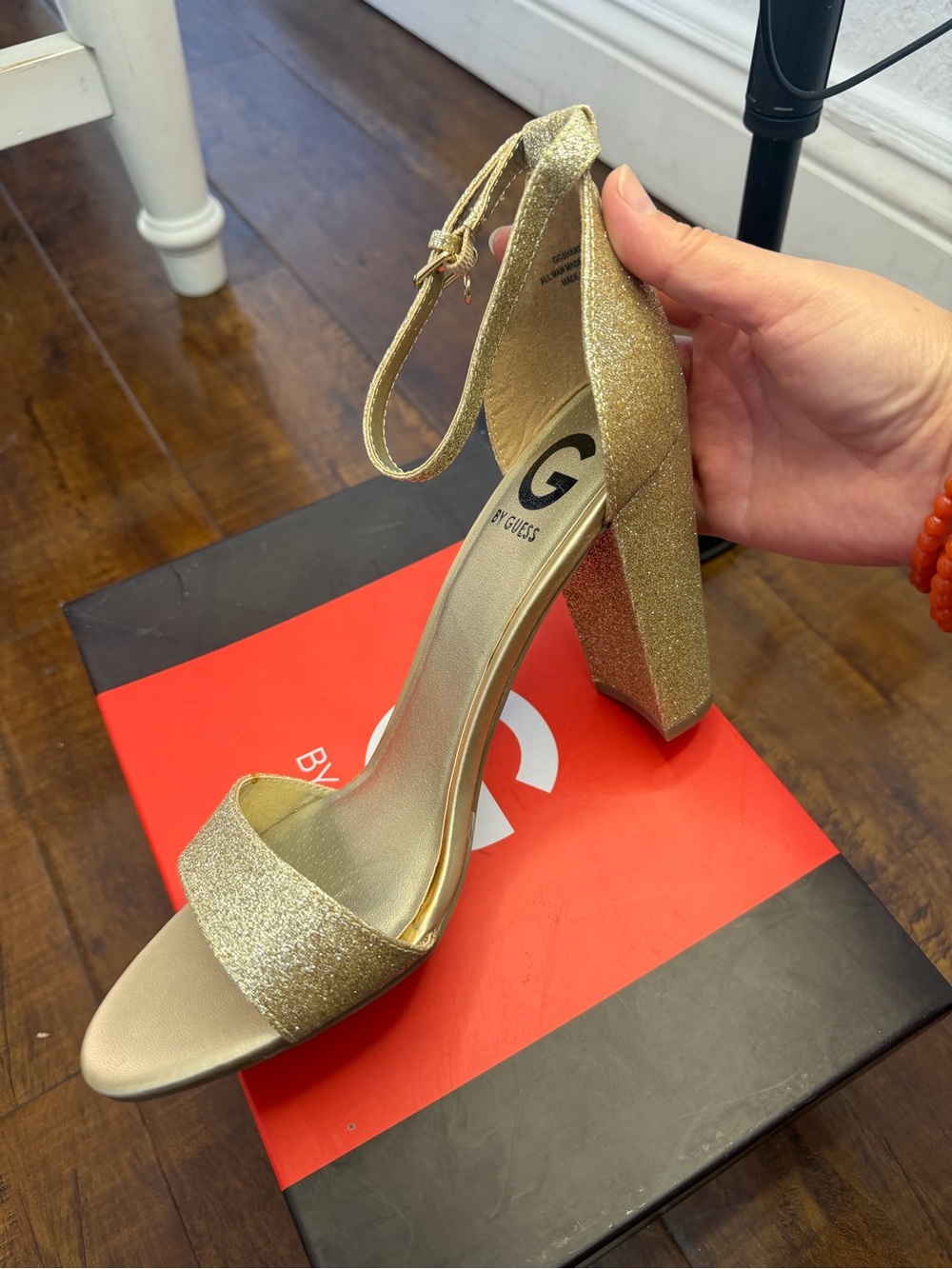 G by Guess Gold Glitter Block Heel Ankle Strap Sandals